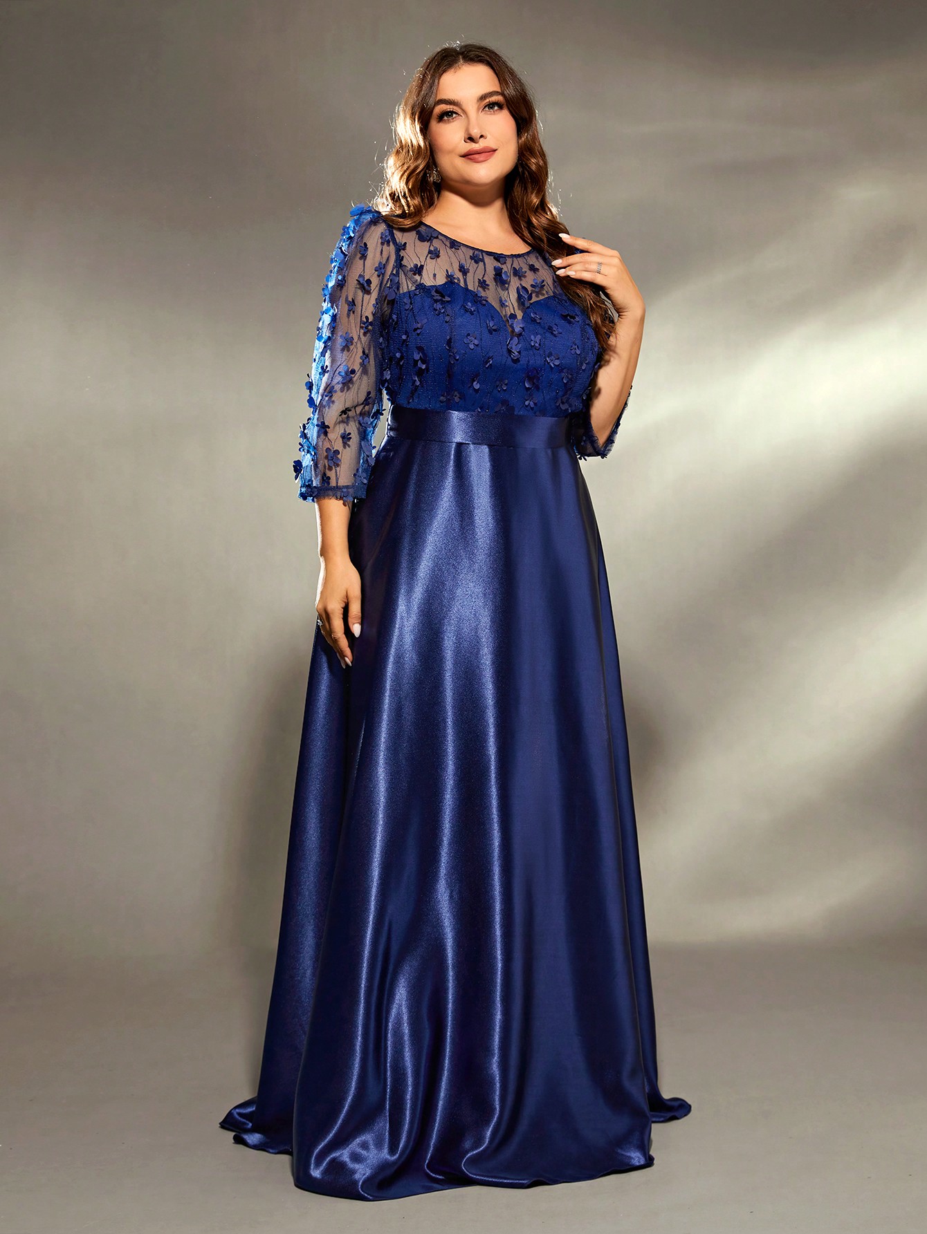 Leely Plus Women's Elegant V Neck Three Quarter Length Sleeve Party Dress