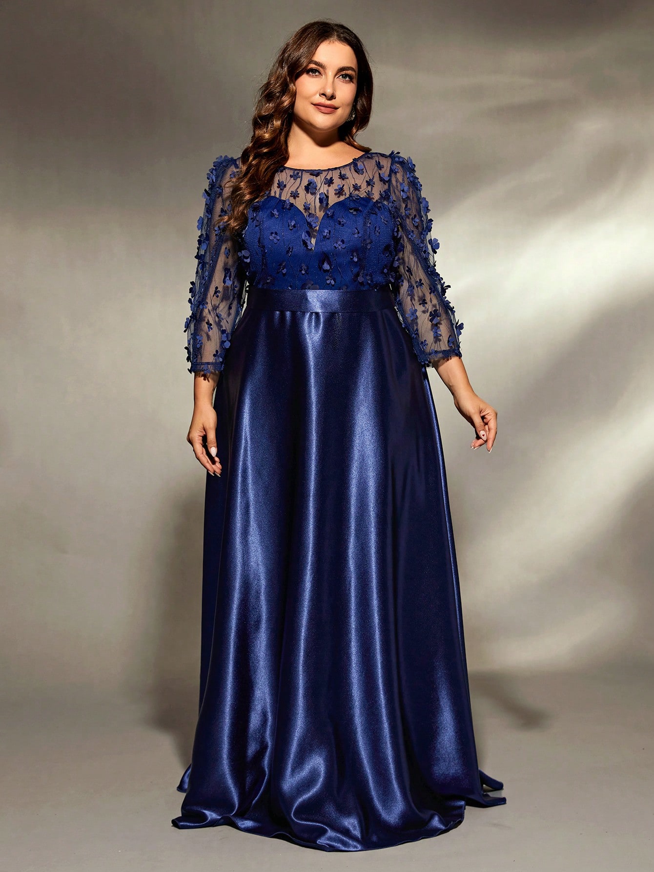 Leely Plus Women's Elegant V Neck Three Quarter Length Sleeve Party Dress