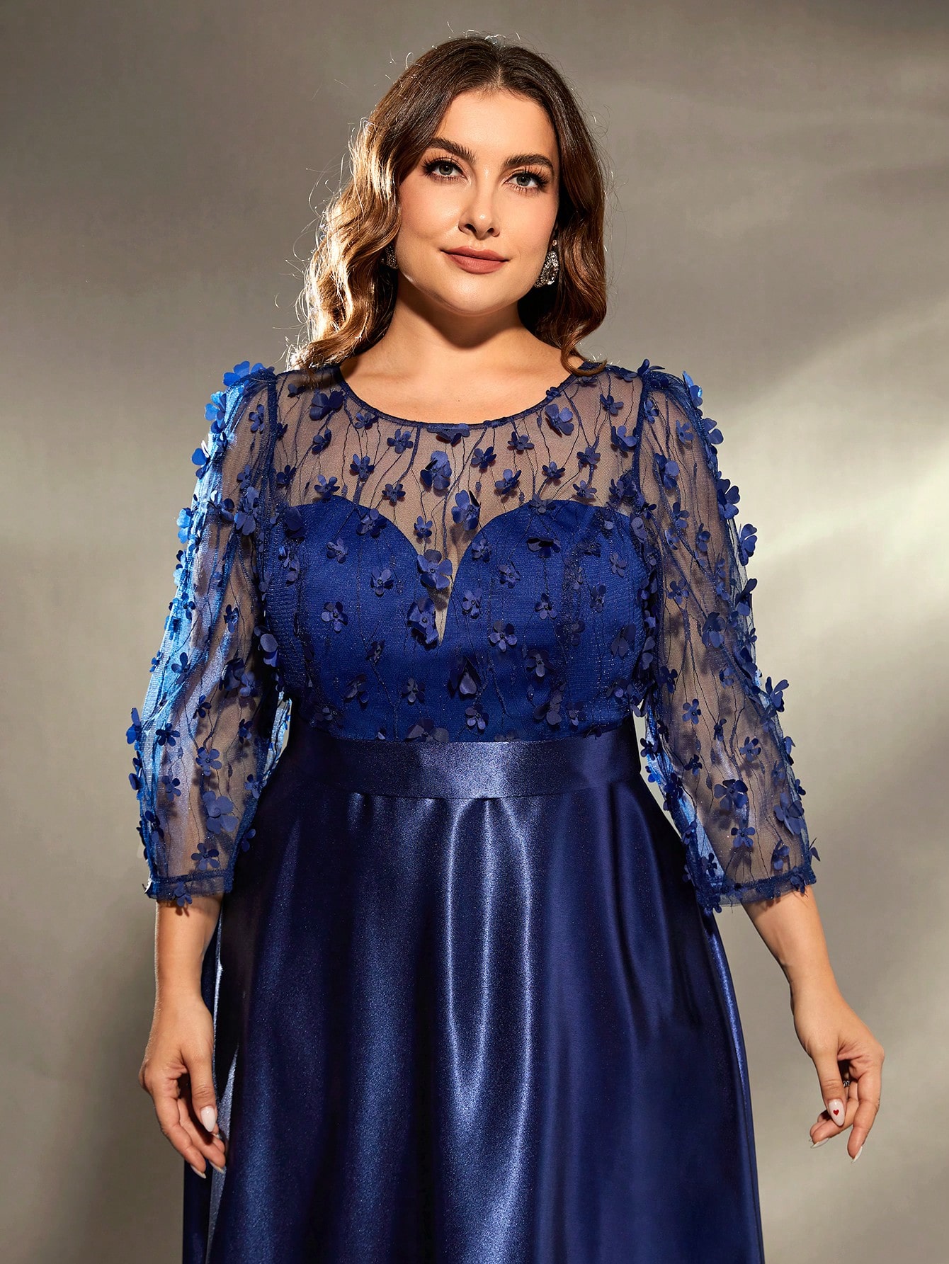 Leely Plus Women's Elegant V Neck Three Quarter Length Sleeve Party Dress