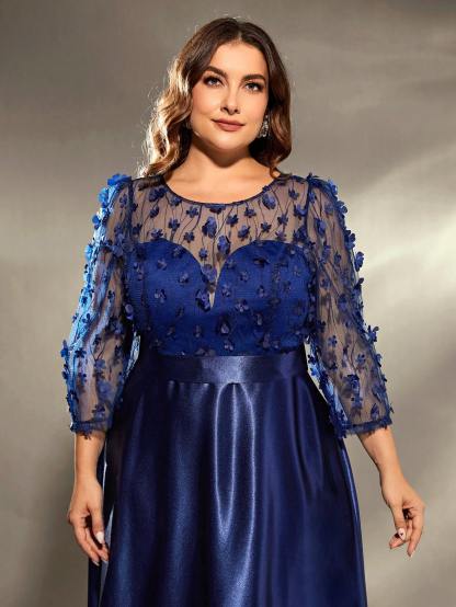 Leely Plus Women's Elegant V Neck Three Quarter Length Sleeve Party Dress