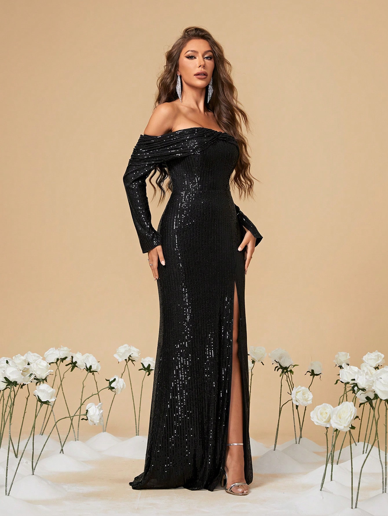 Leely Women's Elegant Off The Shoulder Long Sleeve Prom Dress