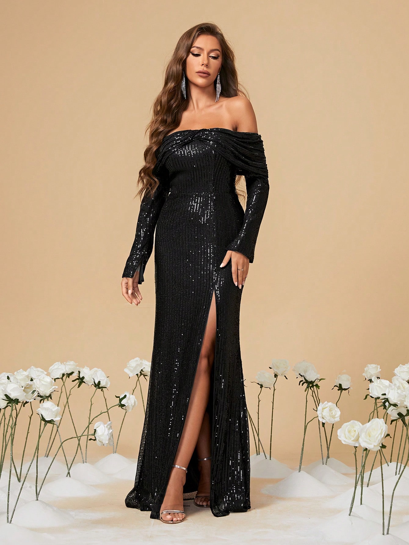 Leely Women's Elegant Off The Shoulder Long Sleeve Prom Dress
