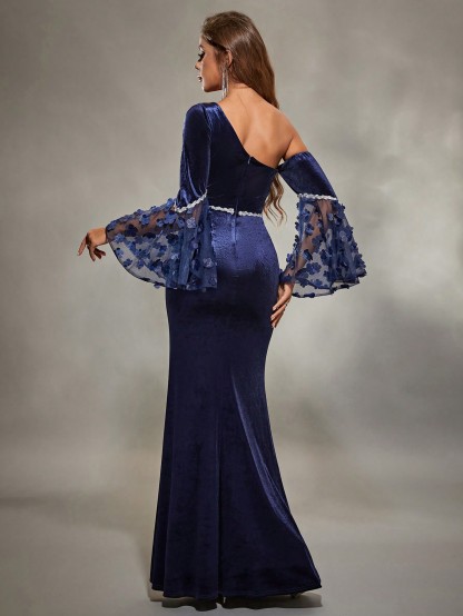 Leely Women's Elegant One Shoulder Flare Sleeve Party Dress
