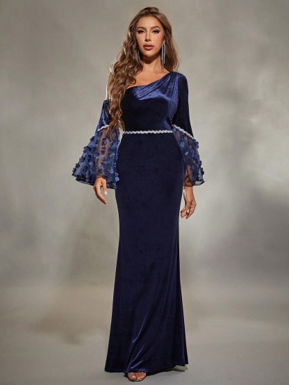 Leely Women's Elegant One Shoulder Flare Sleeve Party Dress
