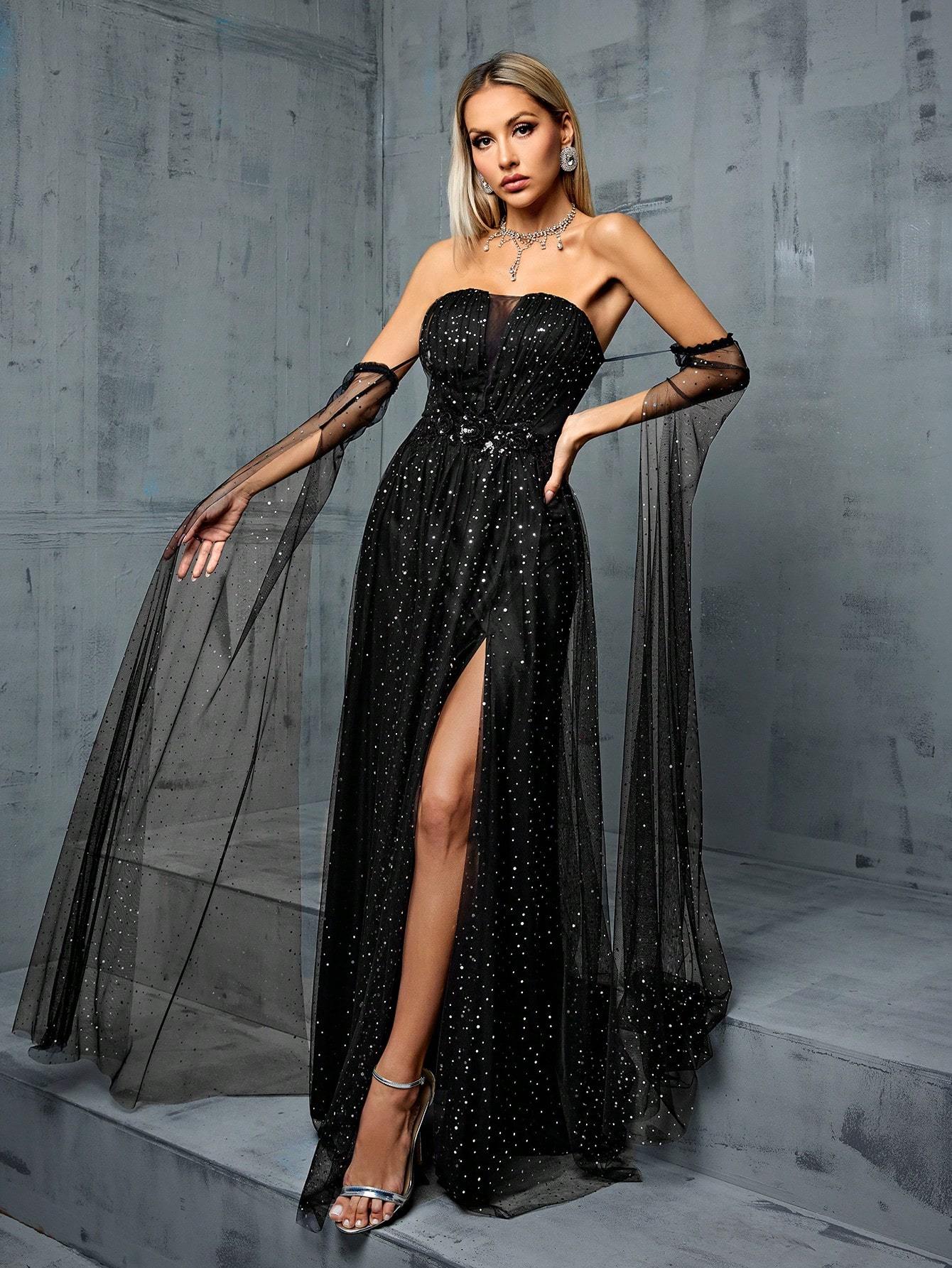 Leely Elegant Strapless Arm Sleeves A-line Party Dress