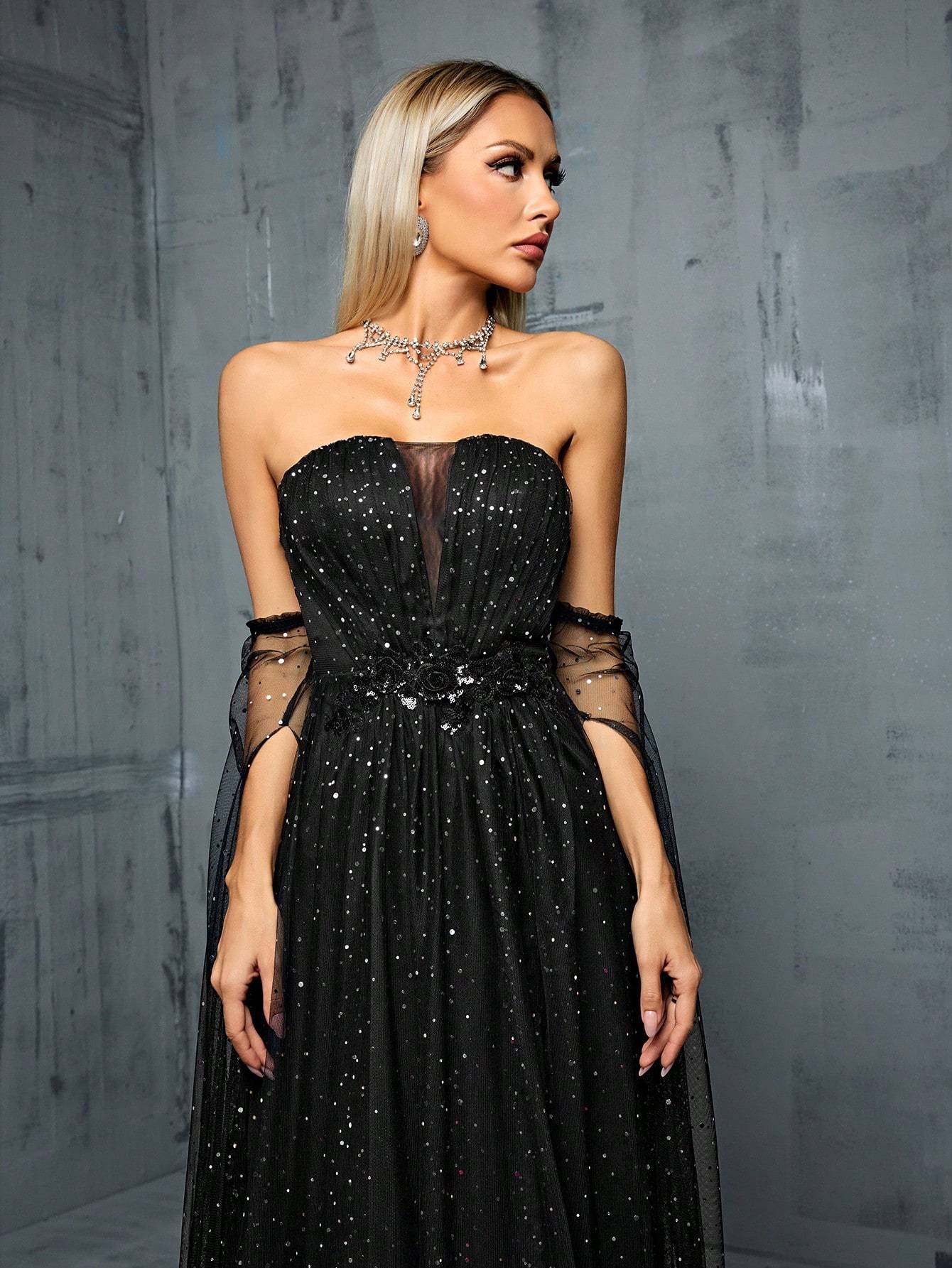 Leely Elegant Strapless Arm Sleeves A-line Party Dress