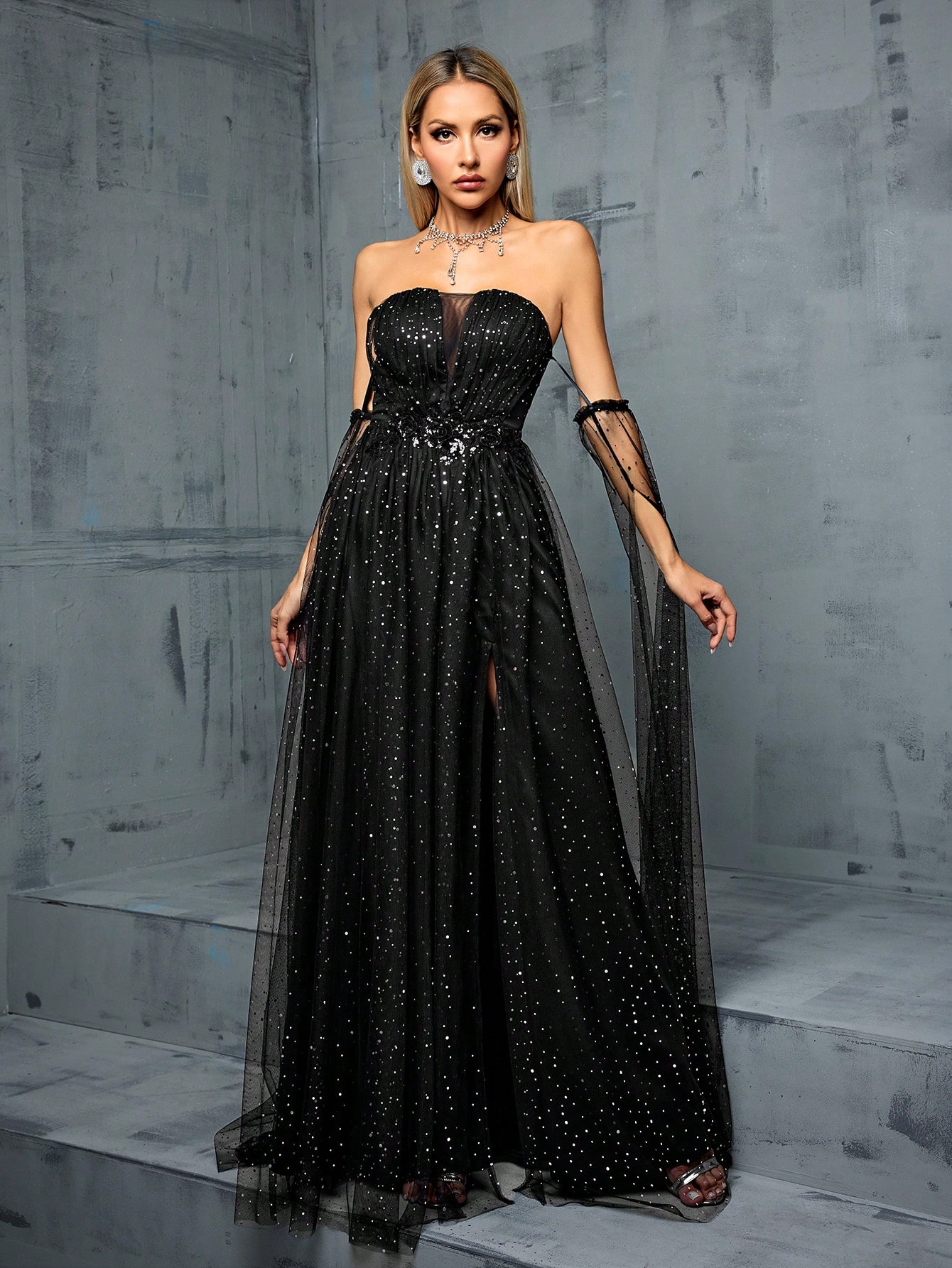 Leely Elegant Strapless Arm Sleeves A-line Party Dress