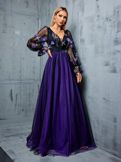 Leely Women's Elegant V Neck Long Sleeve Party Dress