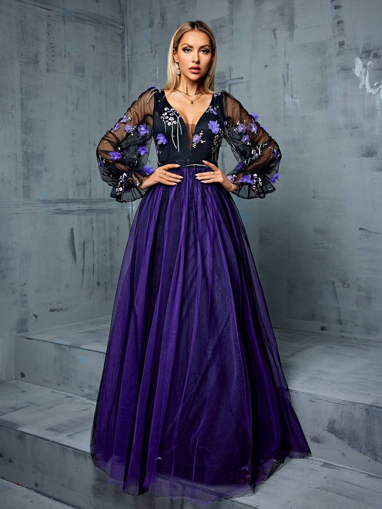 Leely Women's Elegant V Neck Long Sleeve Party Dress