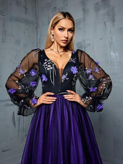 Leely Women's Elegant V Neck Long Sleeve Party Dress