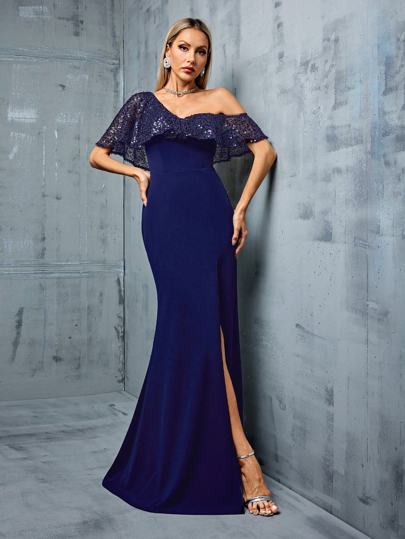Leely Women's Elegant Asymmetrical Neck Flounce Sleeve Party Dress