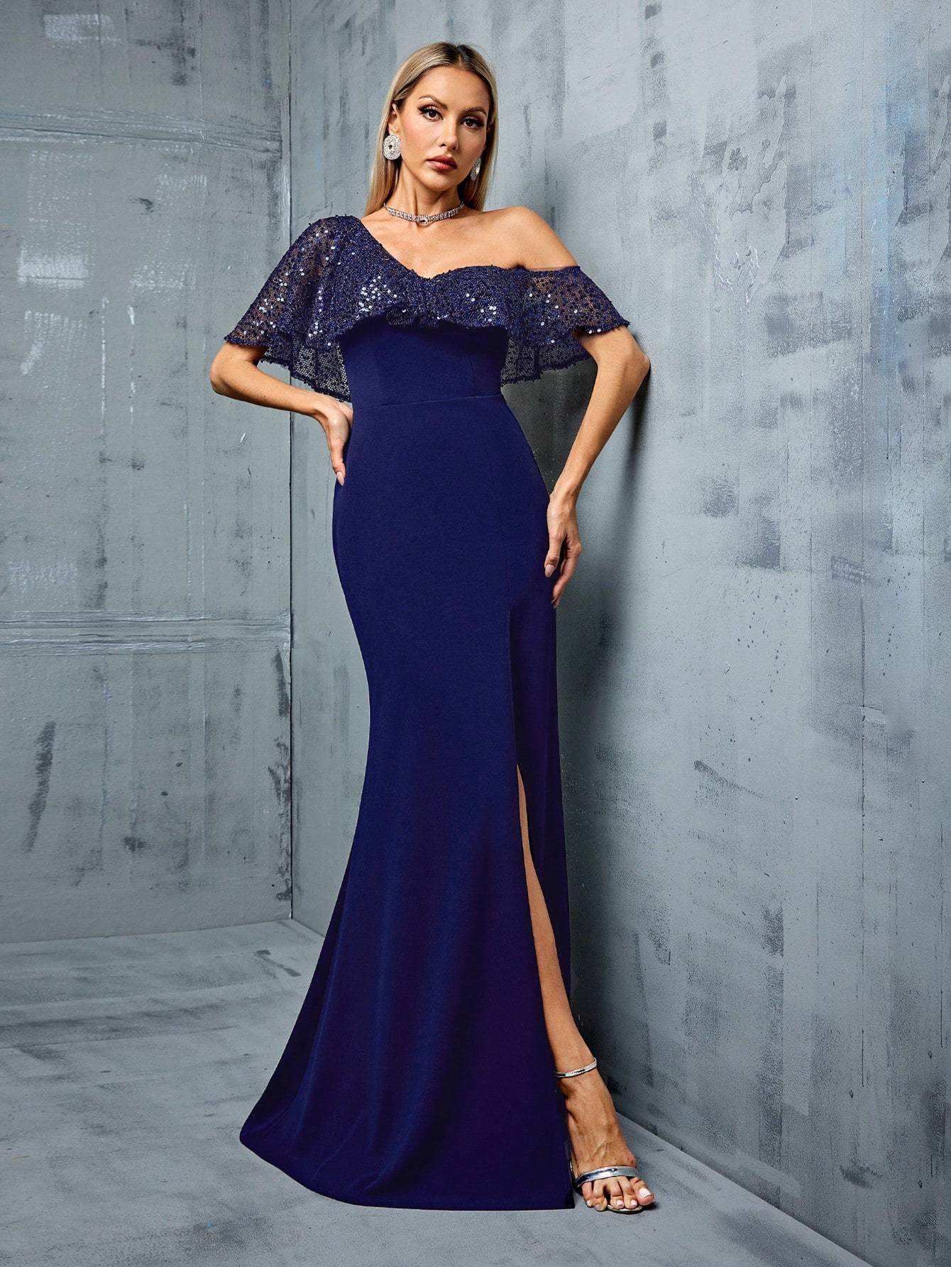 Leely Women's Elegant Asymmetrical Neck Flounce Sleeve Party Dress