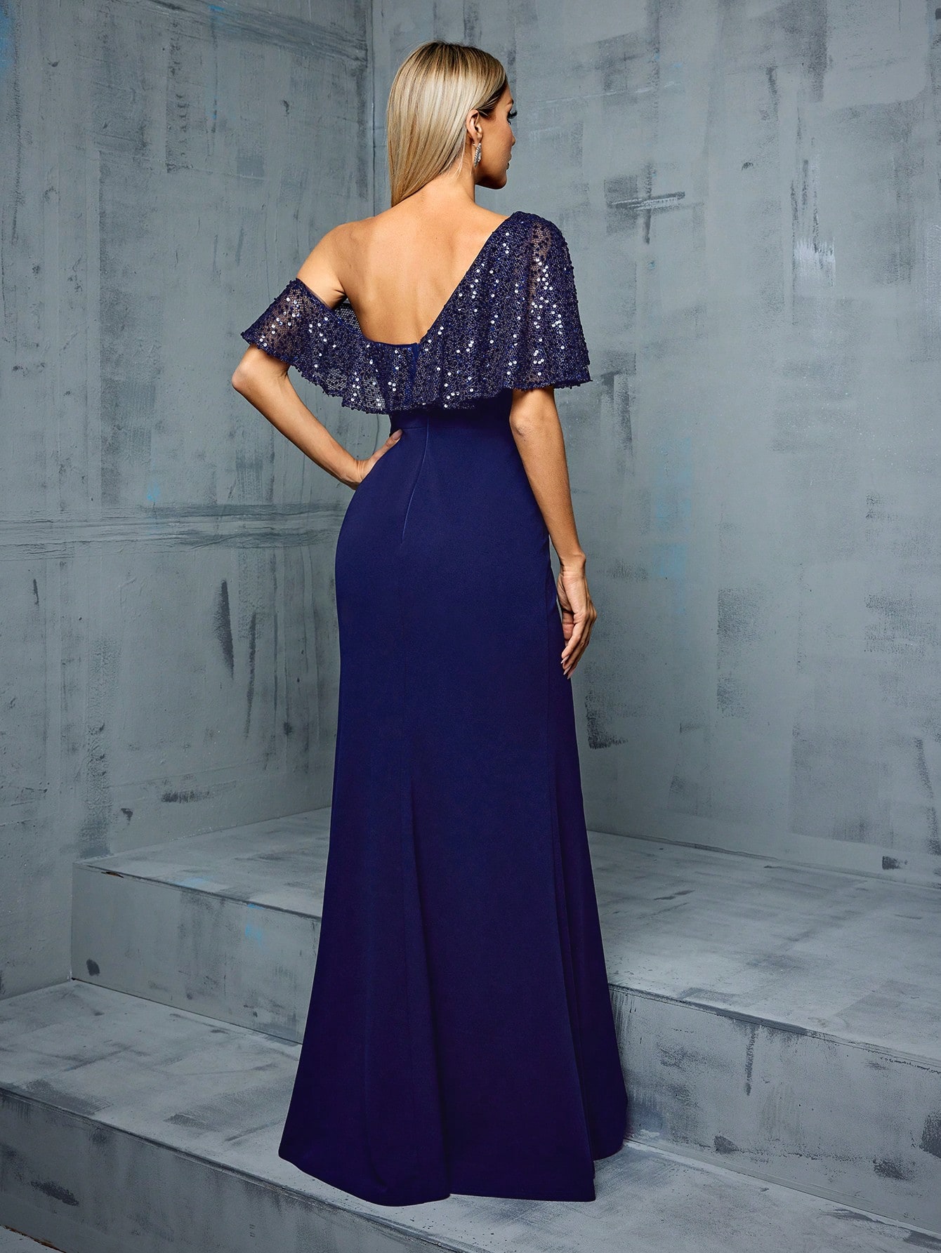 Leely Women's Elegant Asymmetrical Neck Flounce Sleeve Party Dress