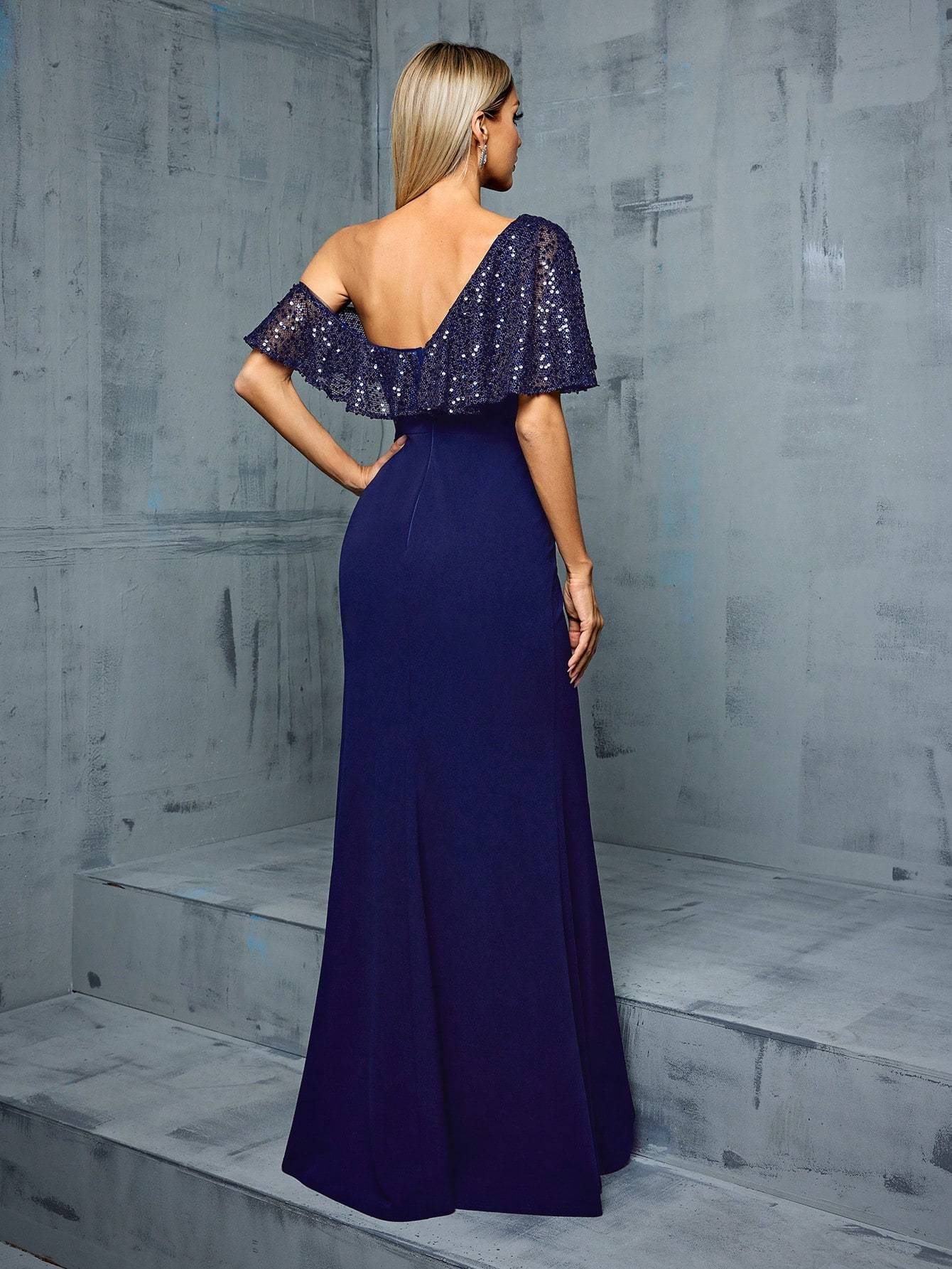 Leely Women's Elegant Asymmetrical Neck Flounce Sleeve Party Dress
