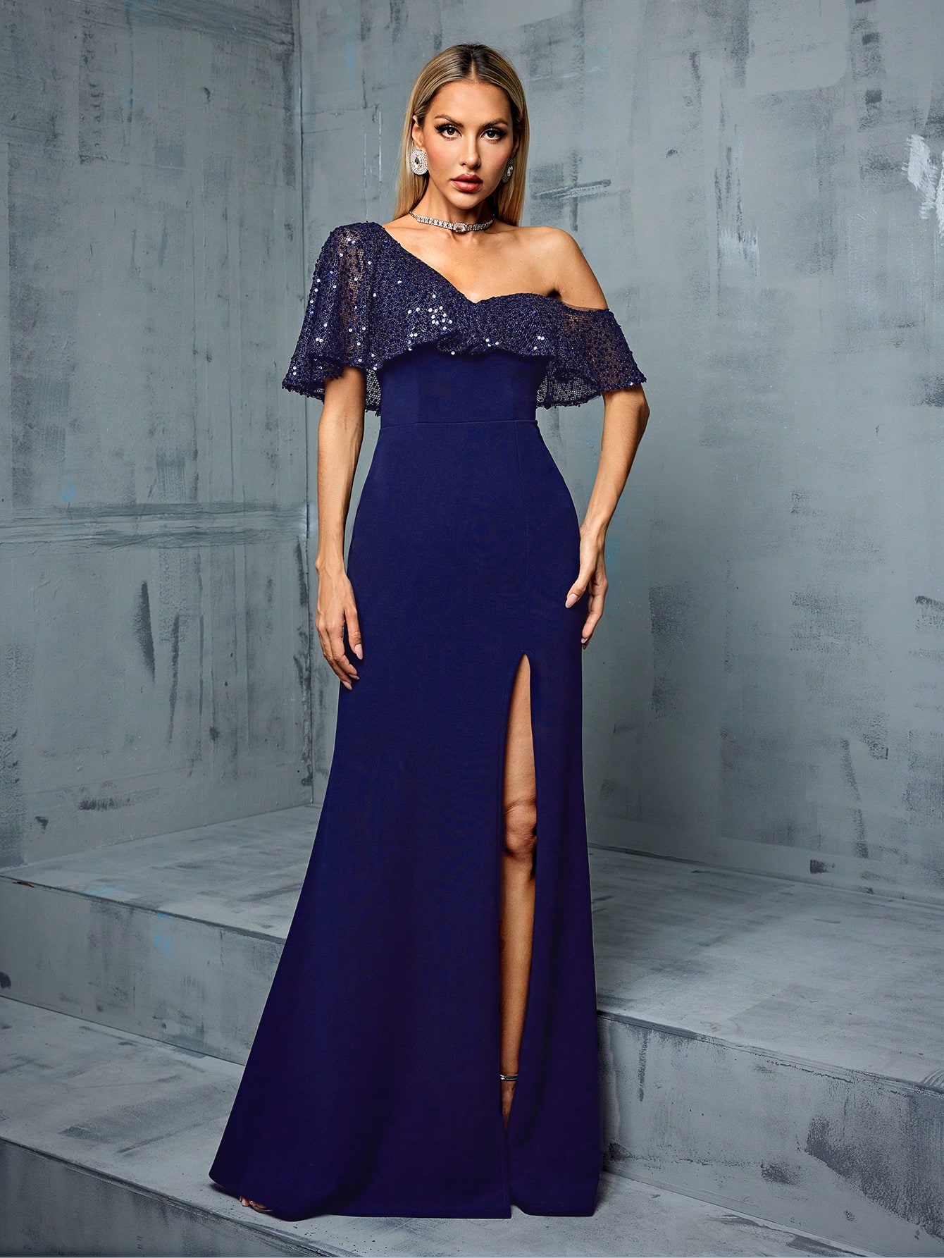 Leely Women's Elegant Asymmetrical Neck Flounce Sleeve Party Dress