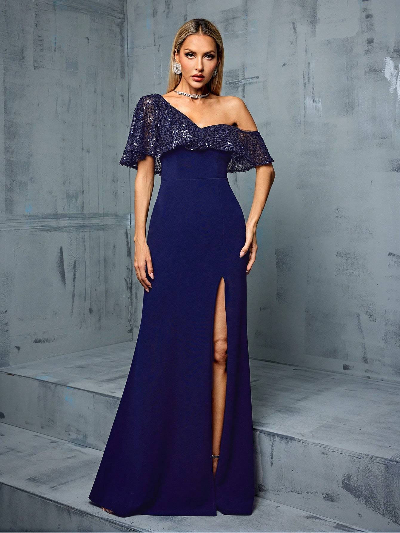 Leely Women's Elegant Asymmetrical Neck Flounce Sleeve Party Dress