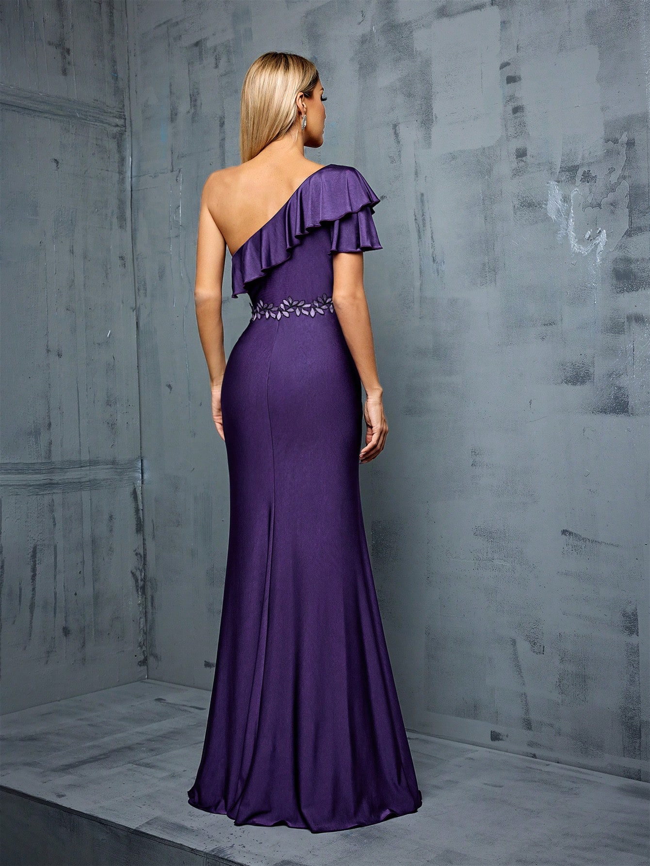 Leely Women's Elegant One Shoulder Flounce Sleeve Party Dress