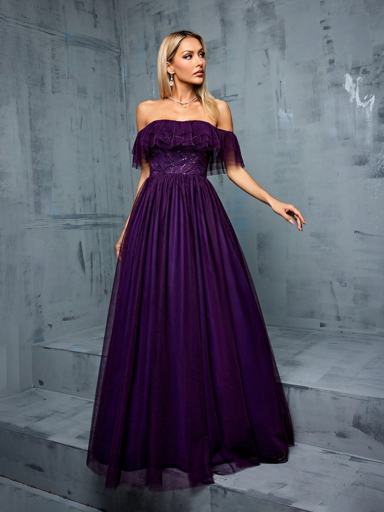 Leely Women's Elegant Off The Shoulder Flounce Sleeve Party Dress