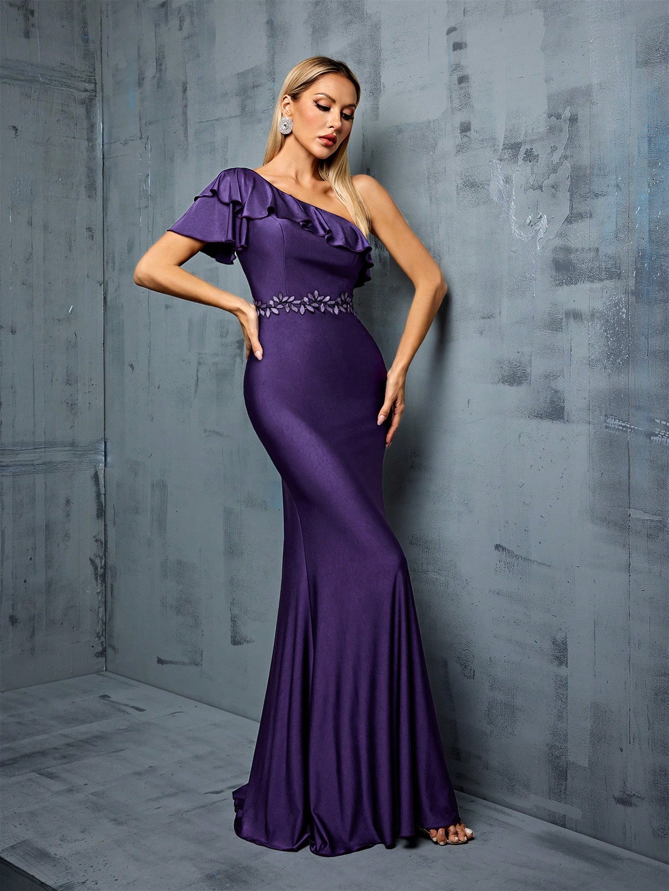 Leely Women's Elegant One Shoulder Flounce Sleeve Party Dress