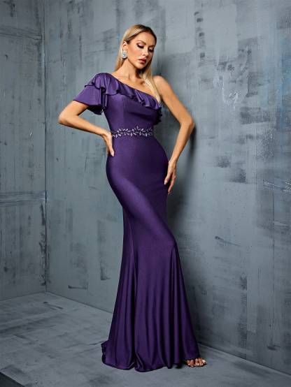 Leely Women's Elegant One Shoulder Flounce Sleeve Party Dress