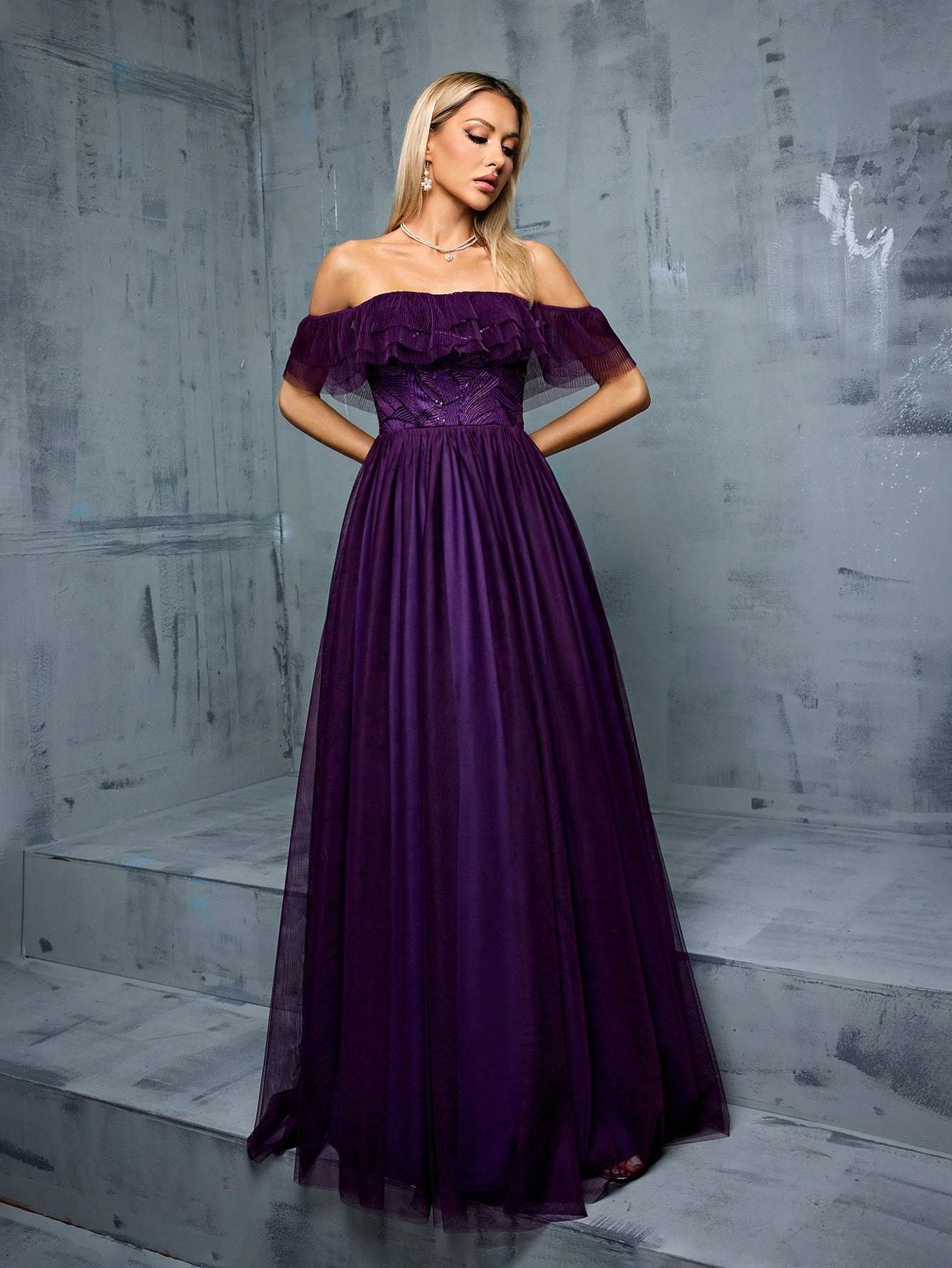 Leely Women's Elegant Off The Shoulder Flounce Sleeve Party Dress