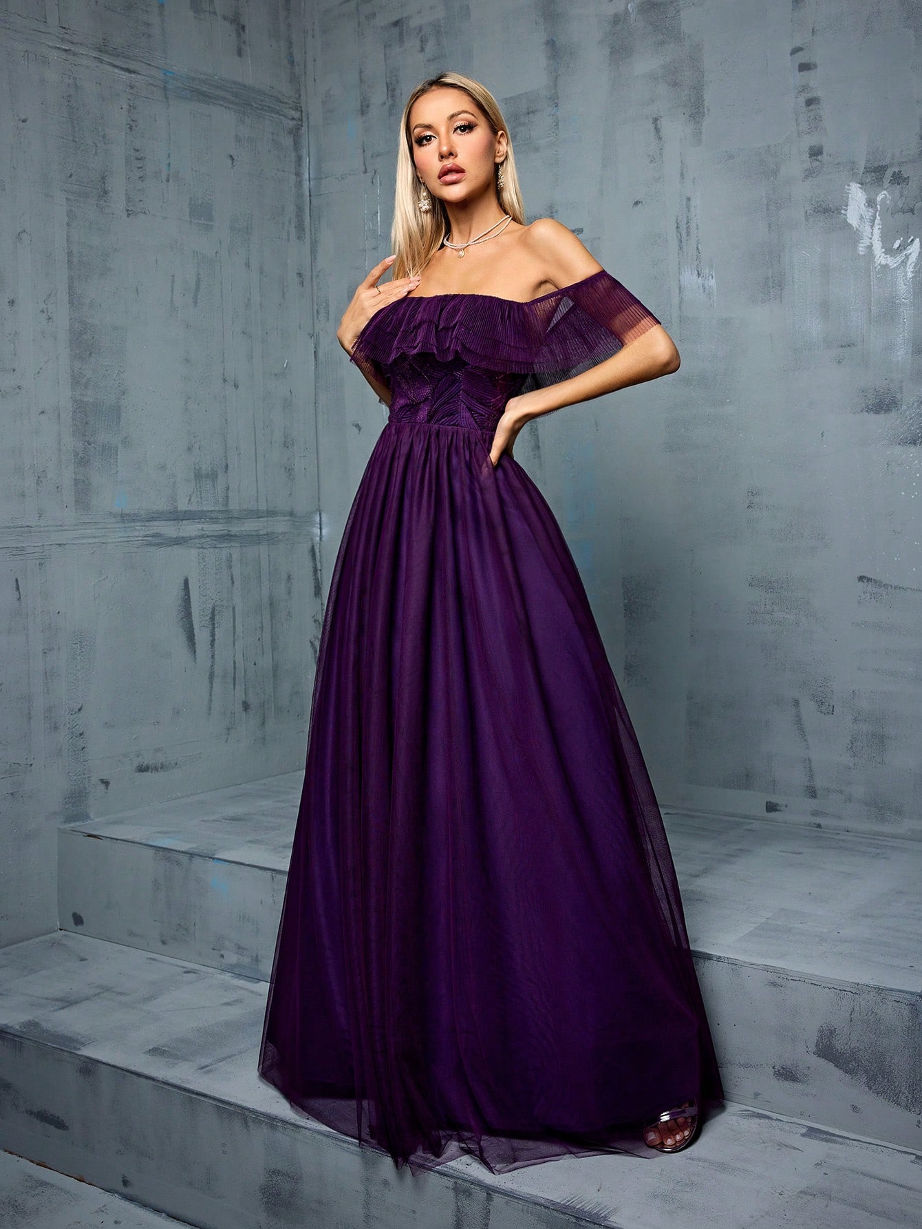 Leely Women's Elegant Off The Shoulder Flounce Sleeve Party Dress