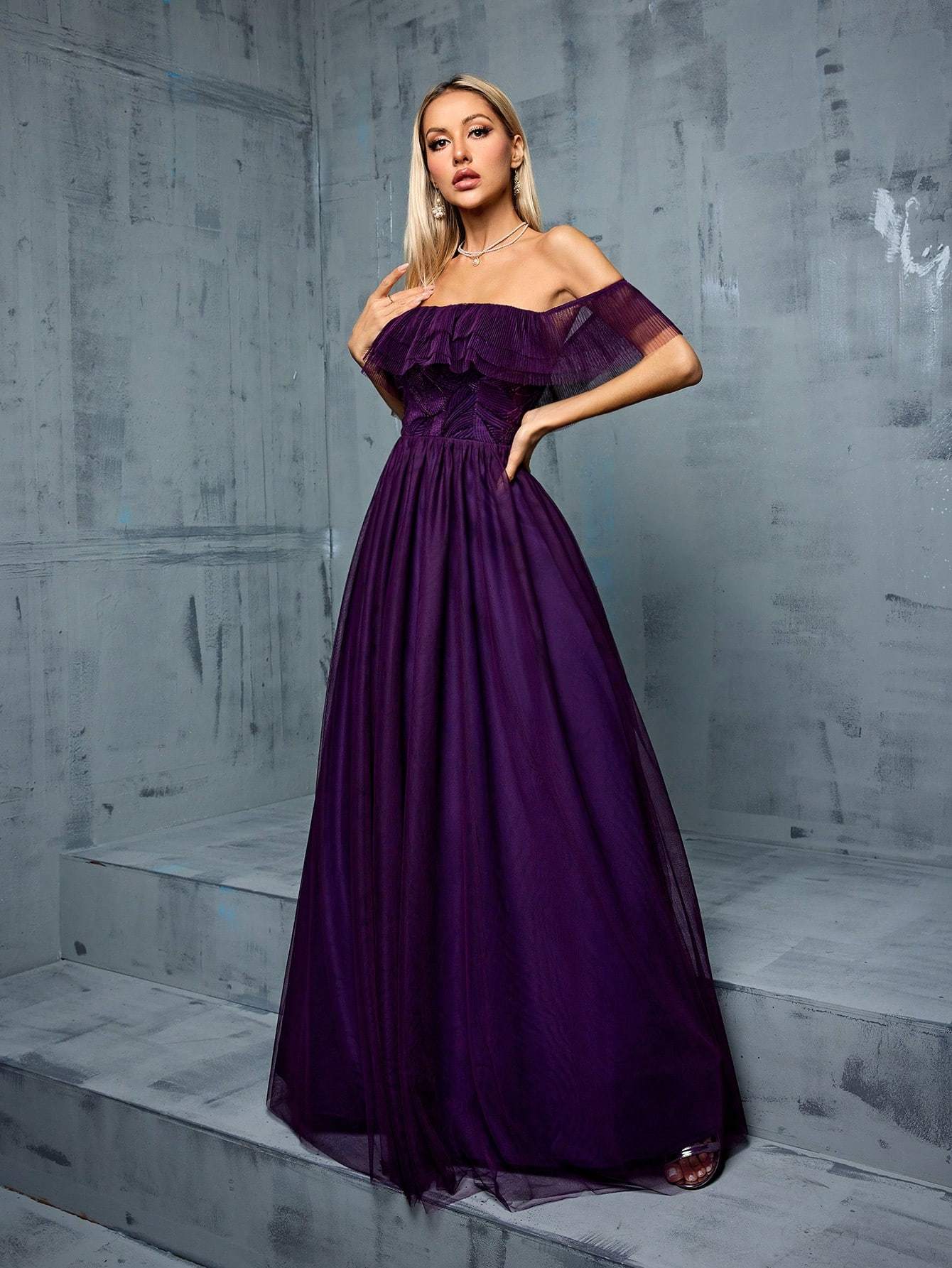 Leely Women's Elegant Off The Shoulder Flounce Sleeve Party Dress
