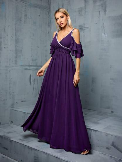 Leely Women's Elegant V Neck Cold Shoulder Party Dress