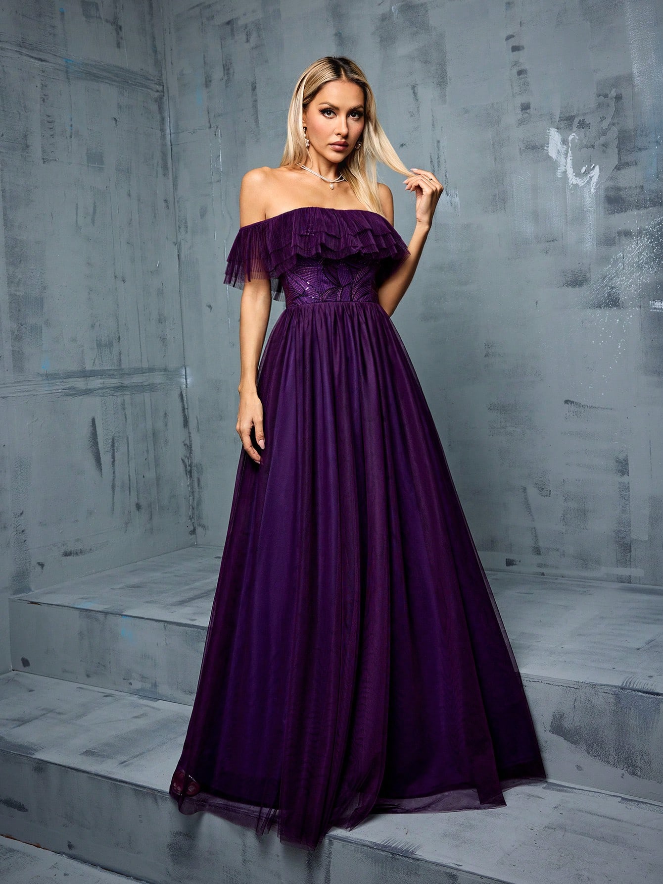 Leely Women's Elegant Off The Shoulder Flounce Sleeve Party Dress