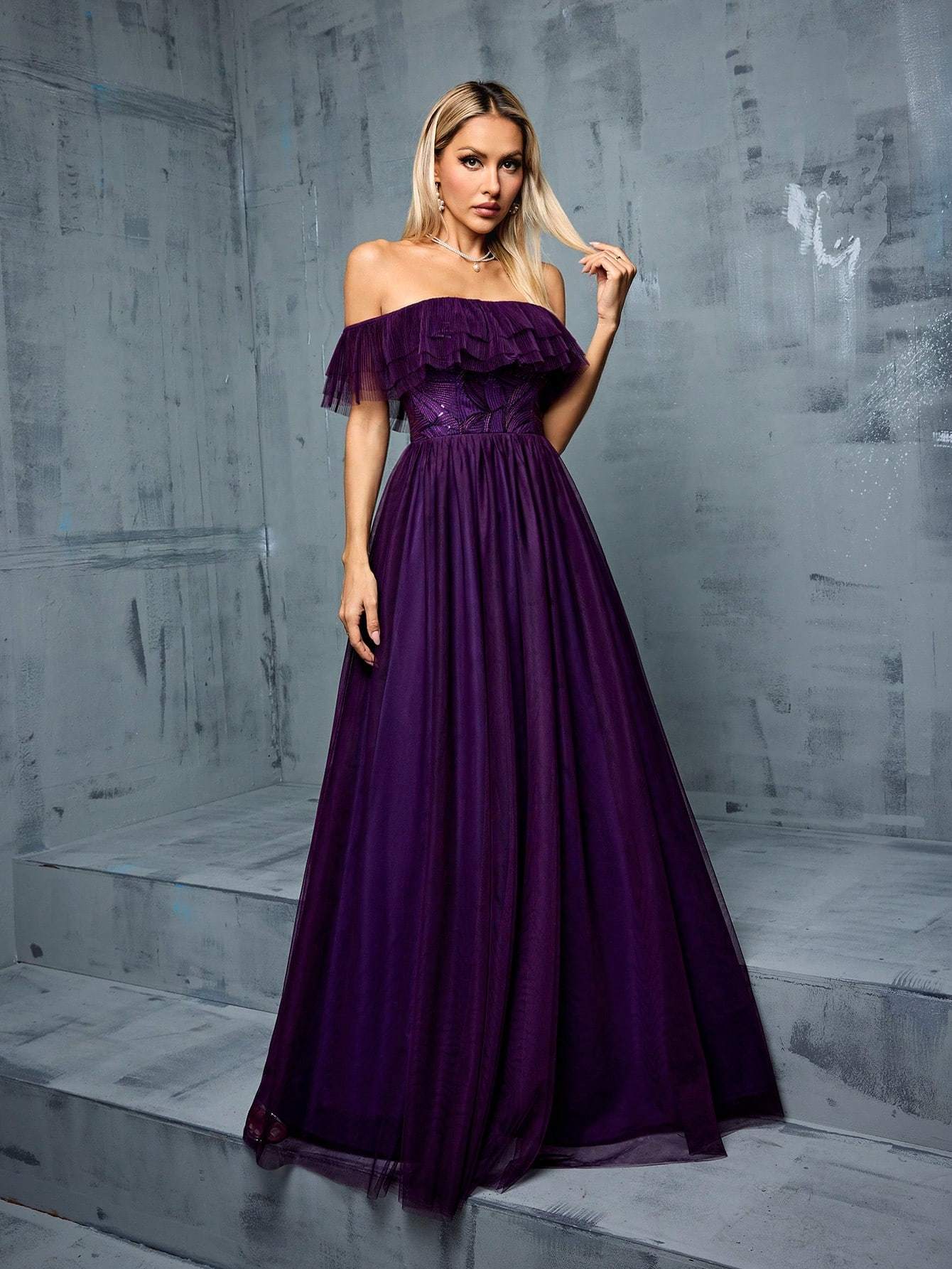 Leely Women's Elegant Off The Shoulder Flounce Sleeve Party Dress