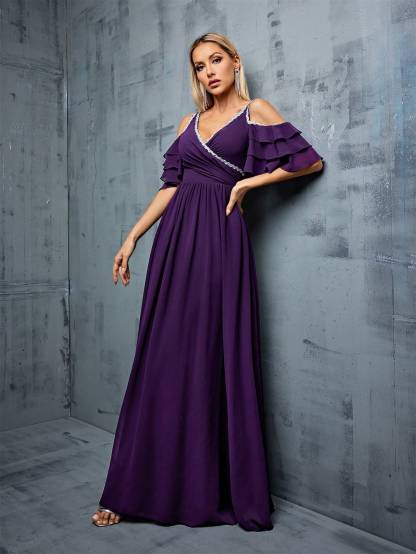 Leely Women's Elegant V Neck Cold Shoulder Party Dress