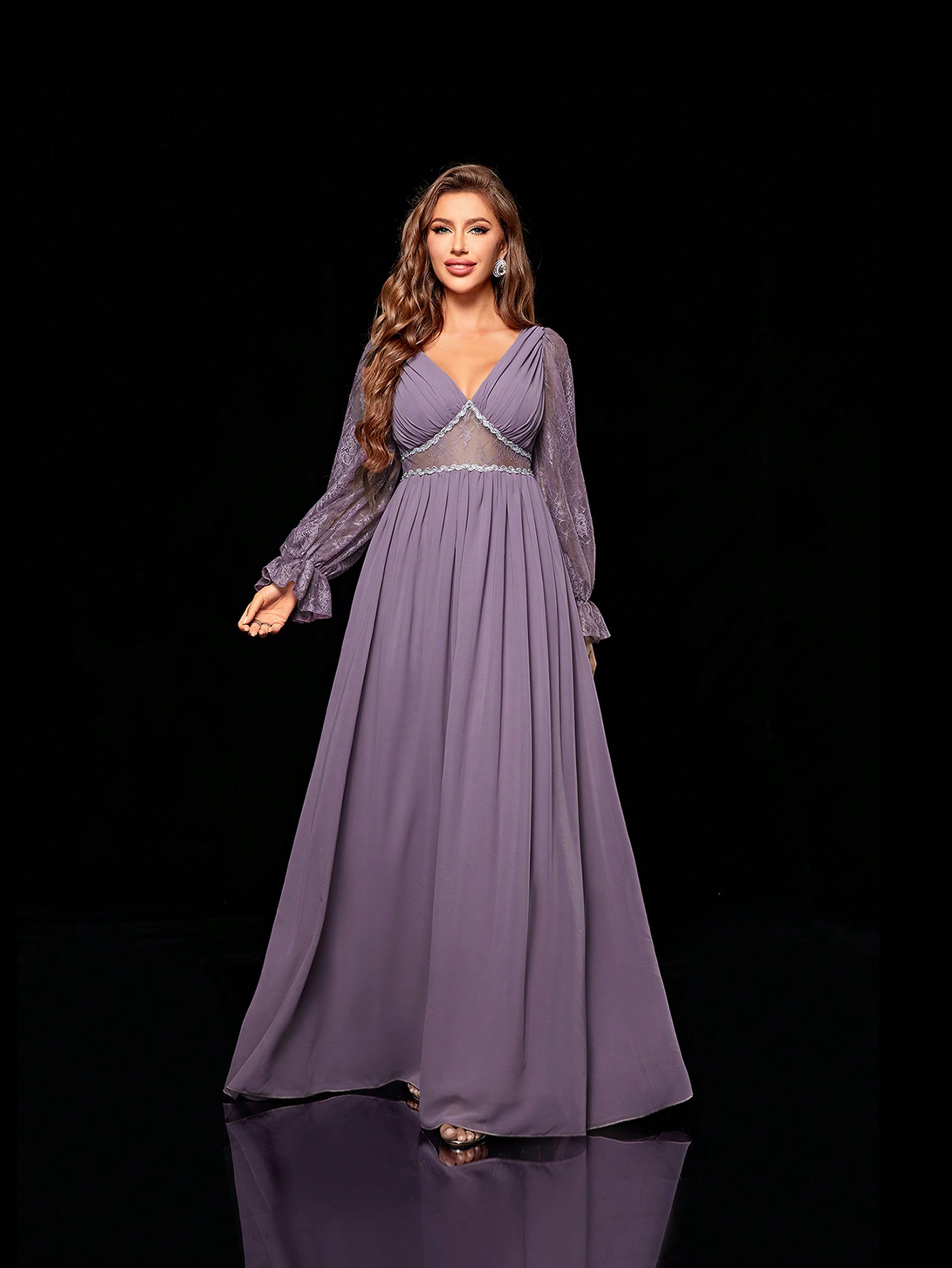 Leely Women's Elegant V Neck Long Sleeve Party Dress