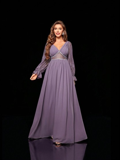 Leely Women's Elegant V Neck Long Sleeve Party Dress