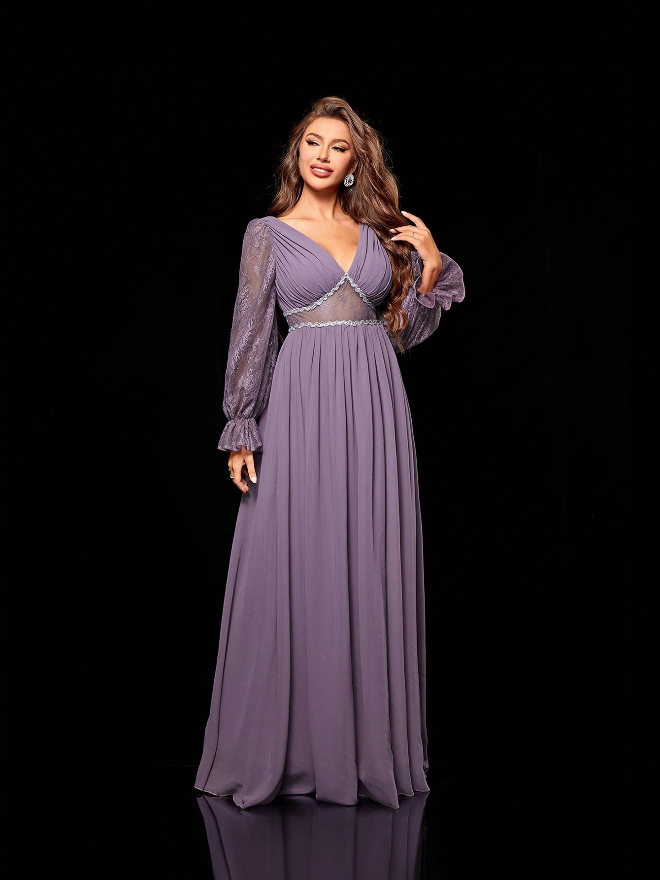Leely Women's Elegant V Neck Long Sleeve Party Dress