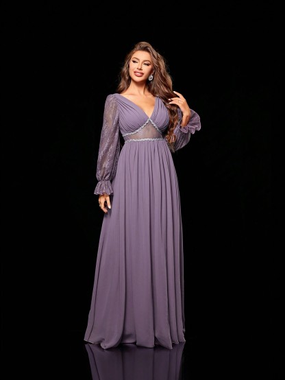 Leely Women's Elegant V Neck Long Sleeve Party Dress