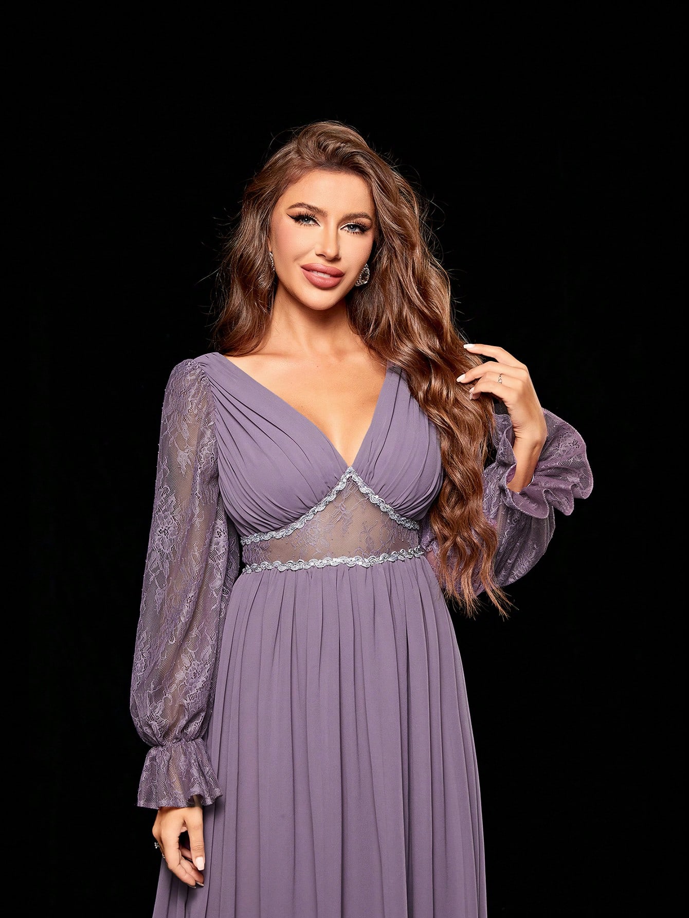 Leely Women's Elegant V Neck Long Sleeve Party Dress