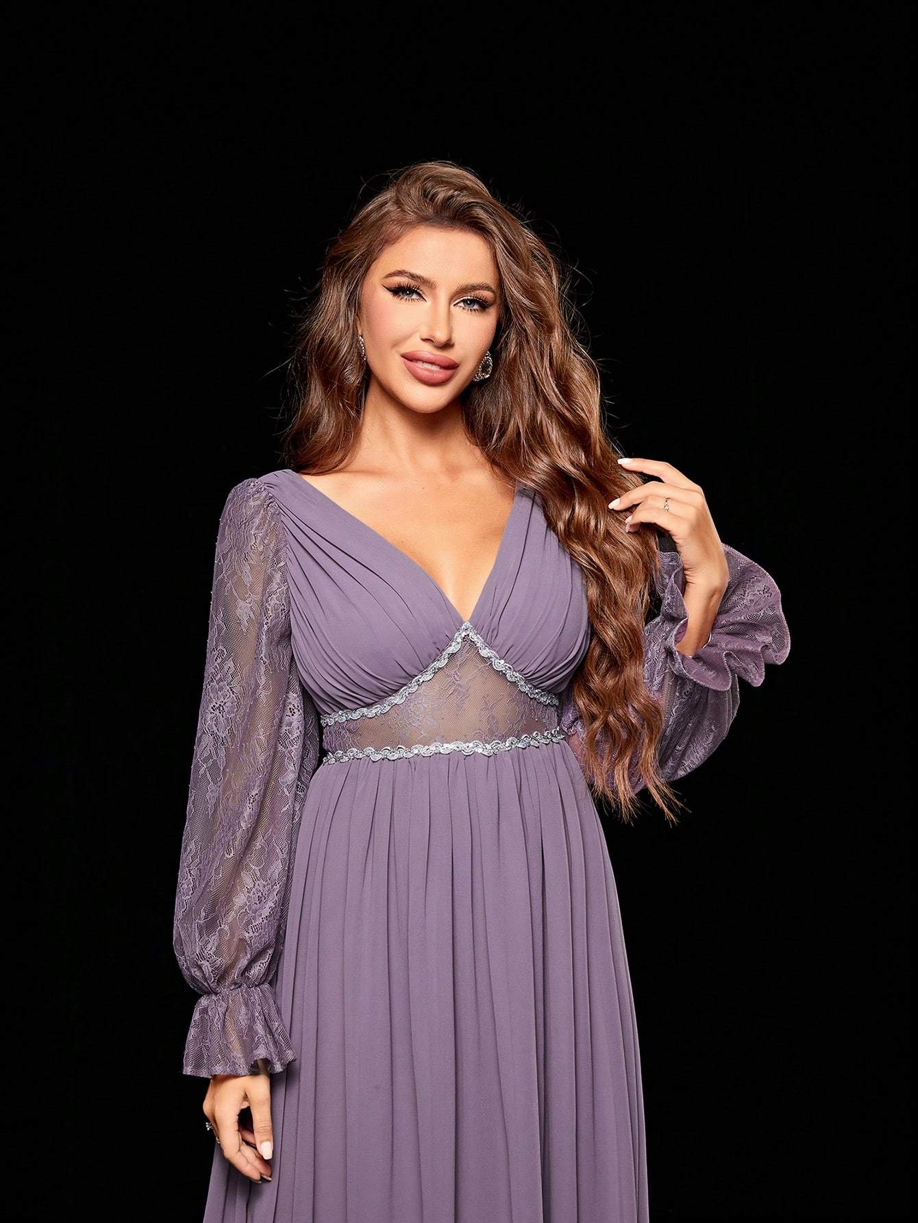 Leely Women's Elegant V Neck Long Sleeve Party Dress