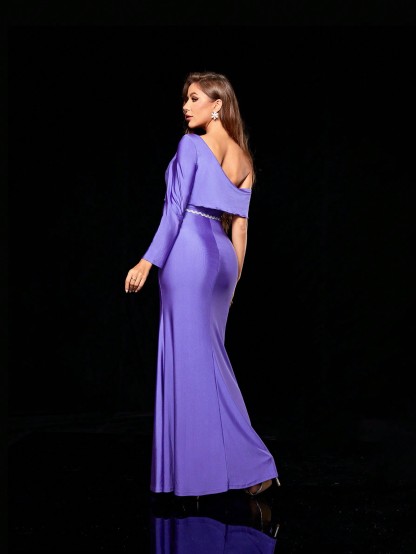 Leely Women's Elegant One Shoulder Long Sleeve Party Dress