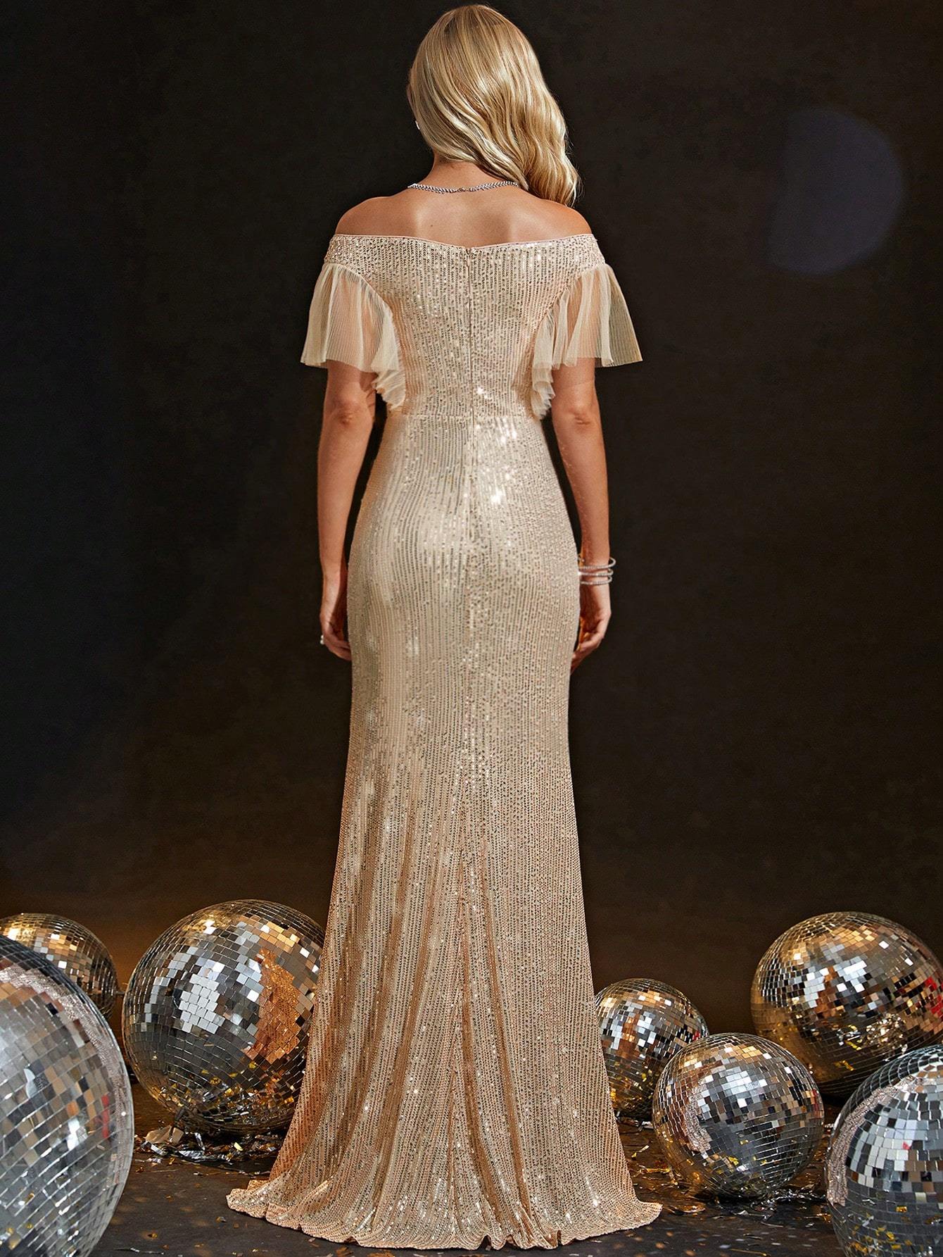 Leely Champagne Gold Off-the-Shoulder Sequin Mermaid Maxi Dress
