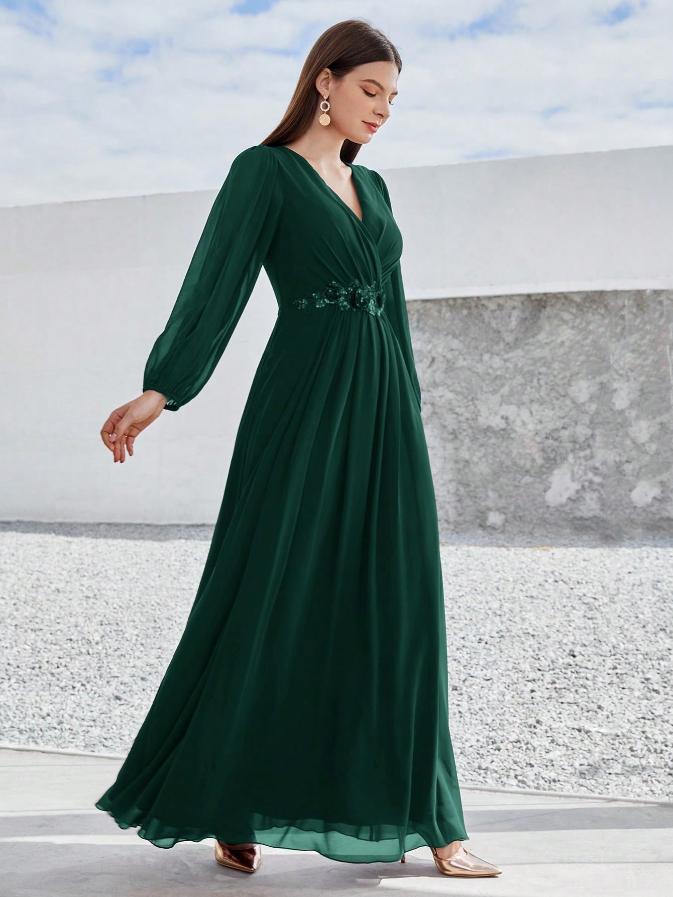 Leely Elegant V Neck Bishop Sleeve A-line Party Dress