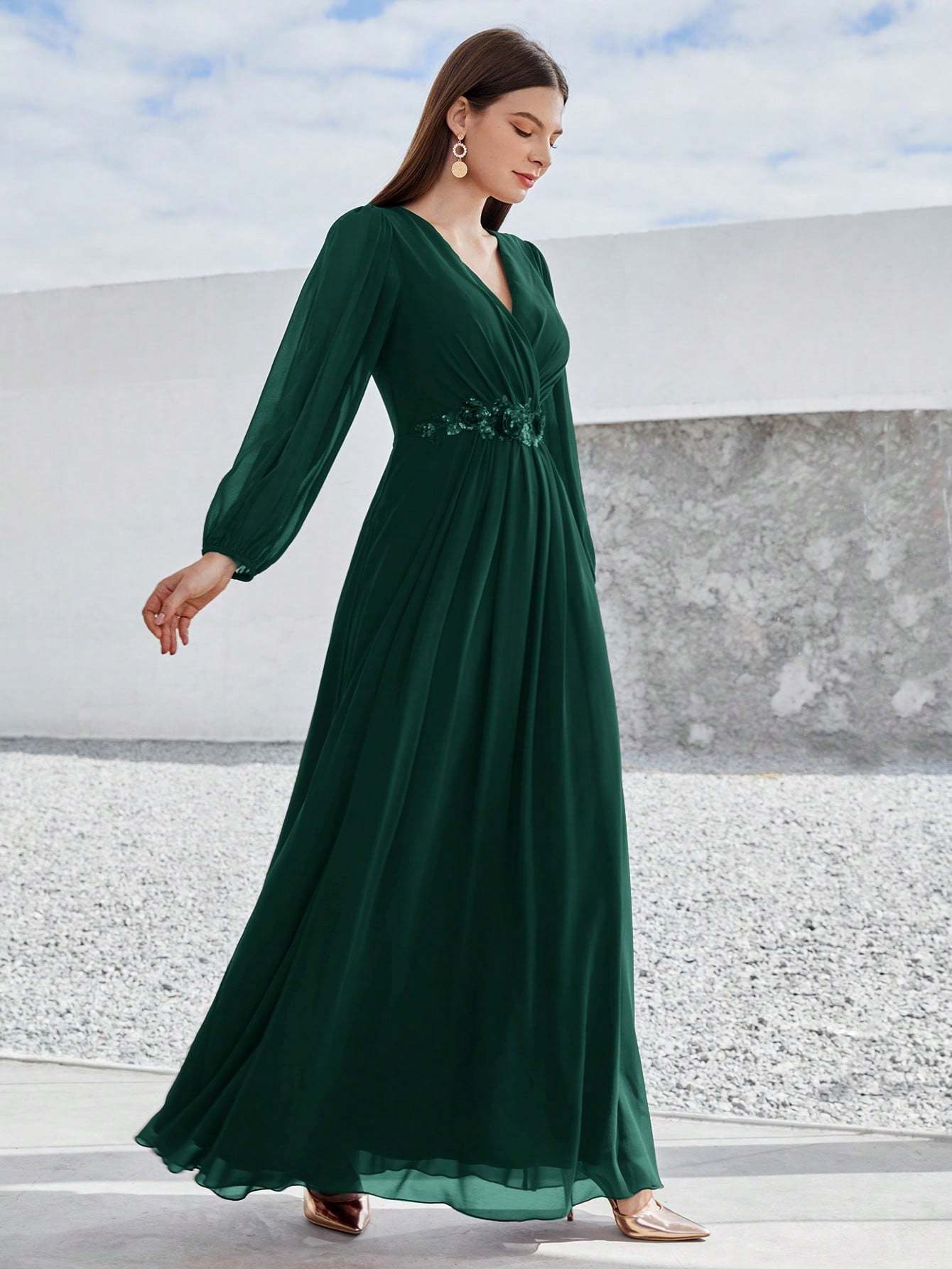 Leely Elegant V Neck Bishop Sleeve A-line Party Dress