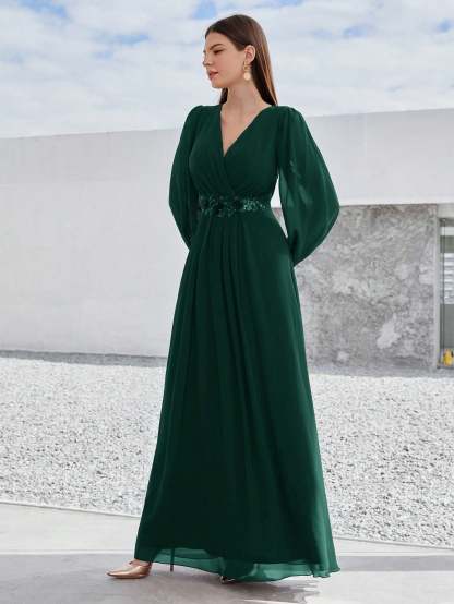 Leely Elegant V Neck Bishop Sleeve A-line Party Dress