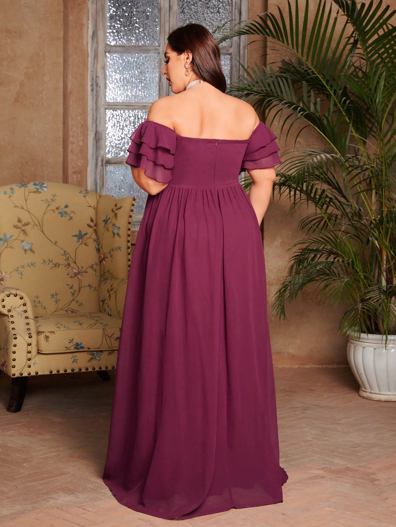 Leely Plus Women's Elegant Off The Shoulder Flounce Sleeve Party Dresses
