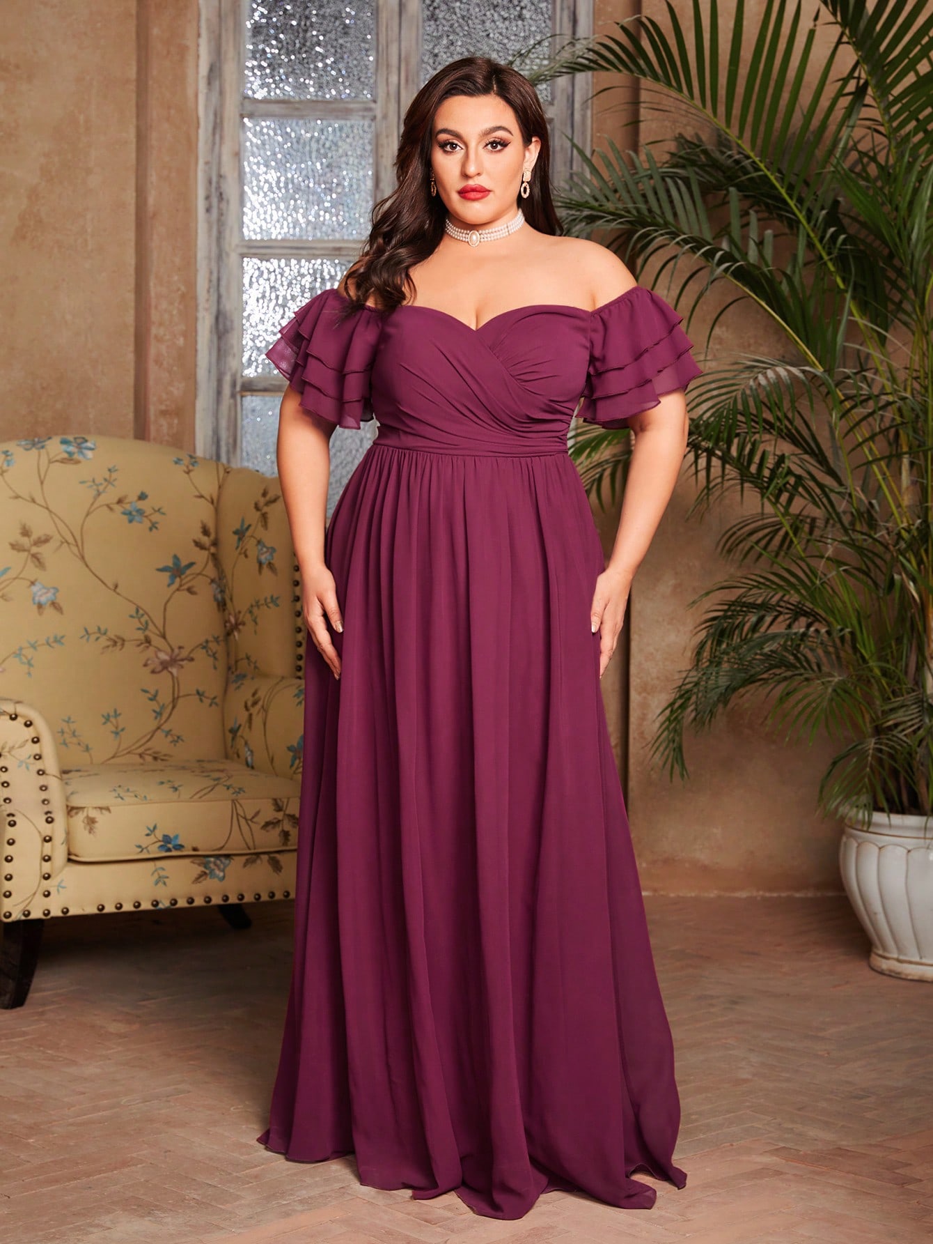 Leely Plus Women's Elegant Off The Shoulder Flounce Sleeve Party Dresses