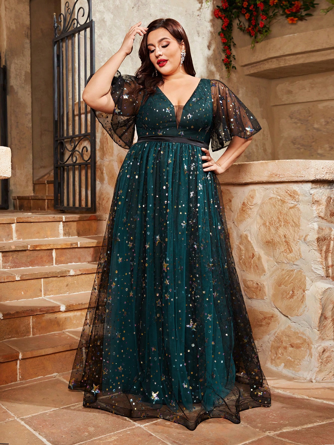 Leely Plus Women's V Neck Flounce Sleeve A‑Line Party Dress