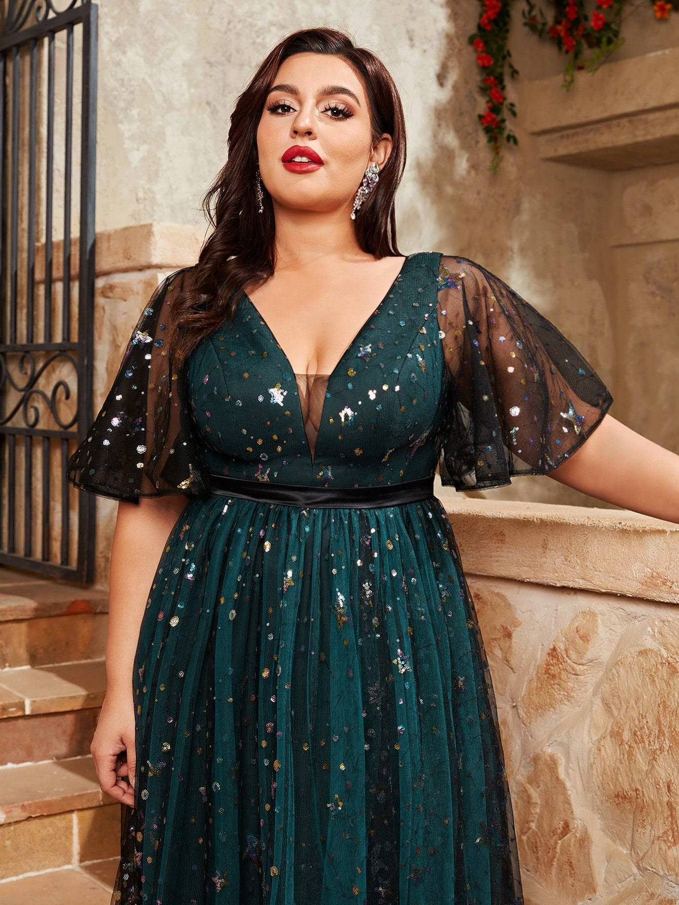 Leely Plus Women's V Neck Flounce Sleeve A‑Line Party Dress