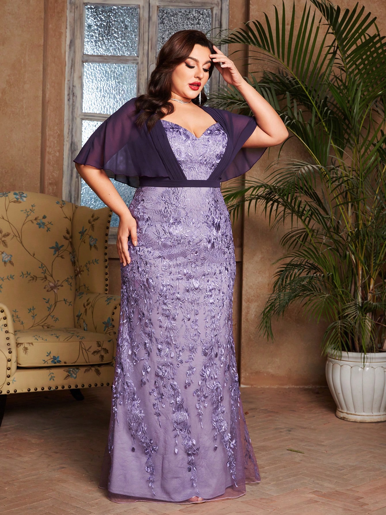 Leely Women's Elegant Sweetheart Cloak Sleeve Lace A-Line Dress