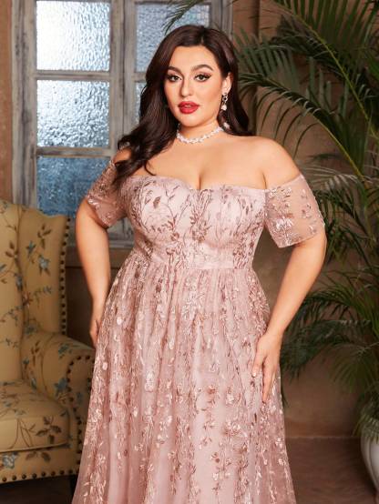 Leely Plus Women's Elegant Off the Shoulder Lace A-Line Dress