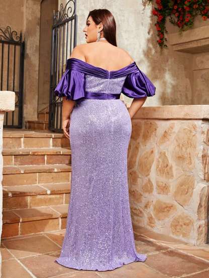 Leely Plus Women's Elegant Off The Shoulder Bishop Sleeve Mermaid Party Dress