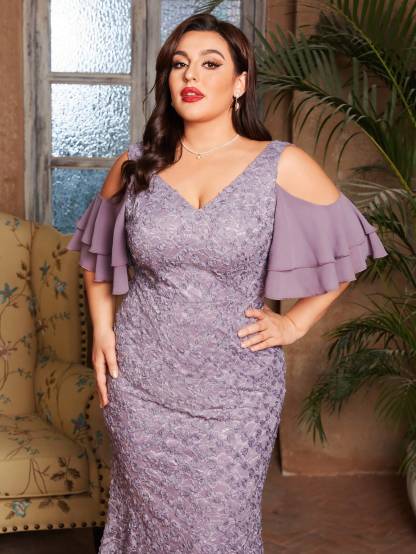 Leely Plus Women's Elegant V Neck Cold Shoulder Mermaid Dress